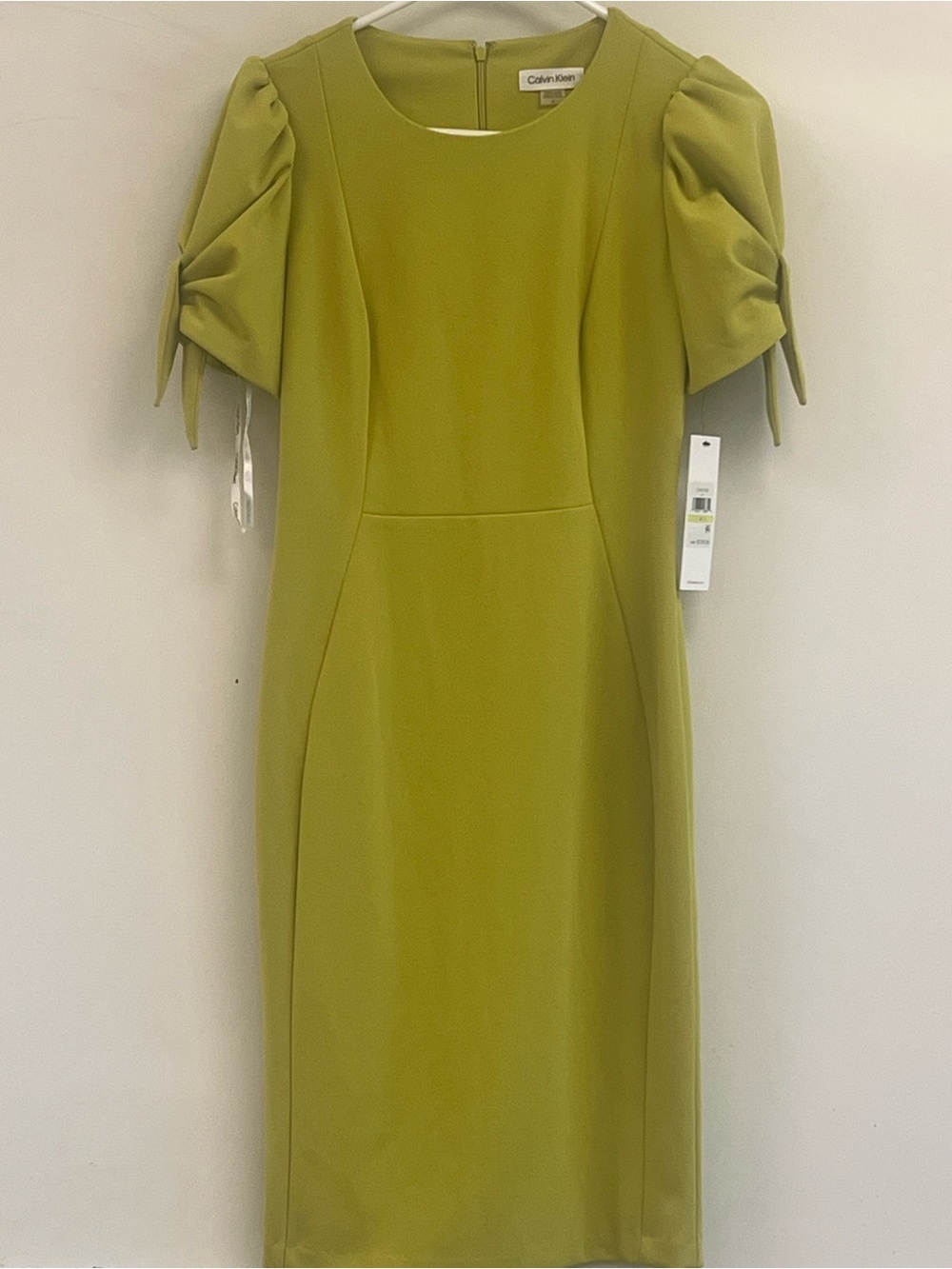 NWT Calvin Klein Chartreuse Puff-Sleeve Sheath Dress Size 4 Office Wear Preppy